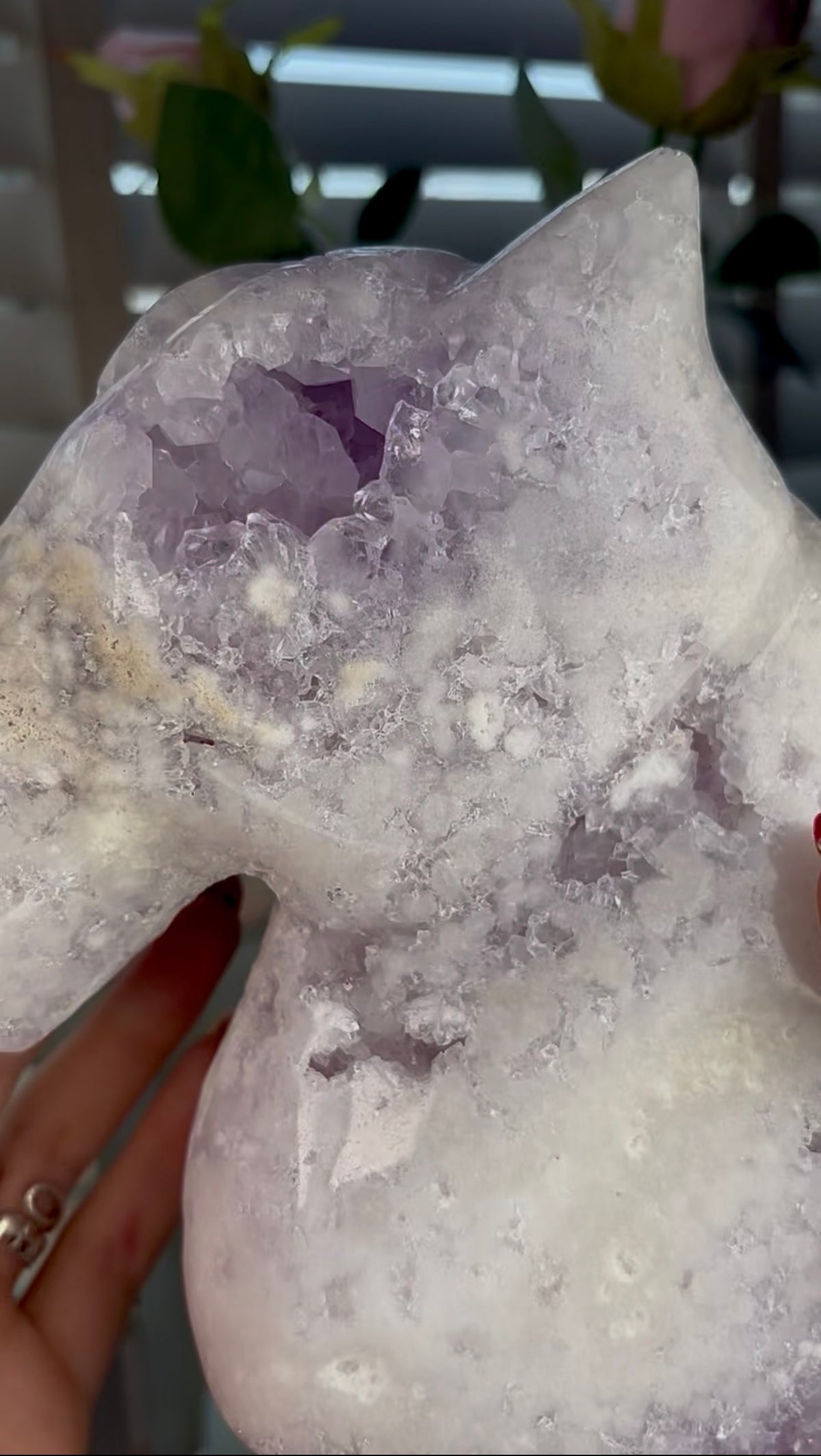 High grade, large, pink amethyst horse carving