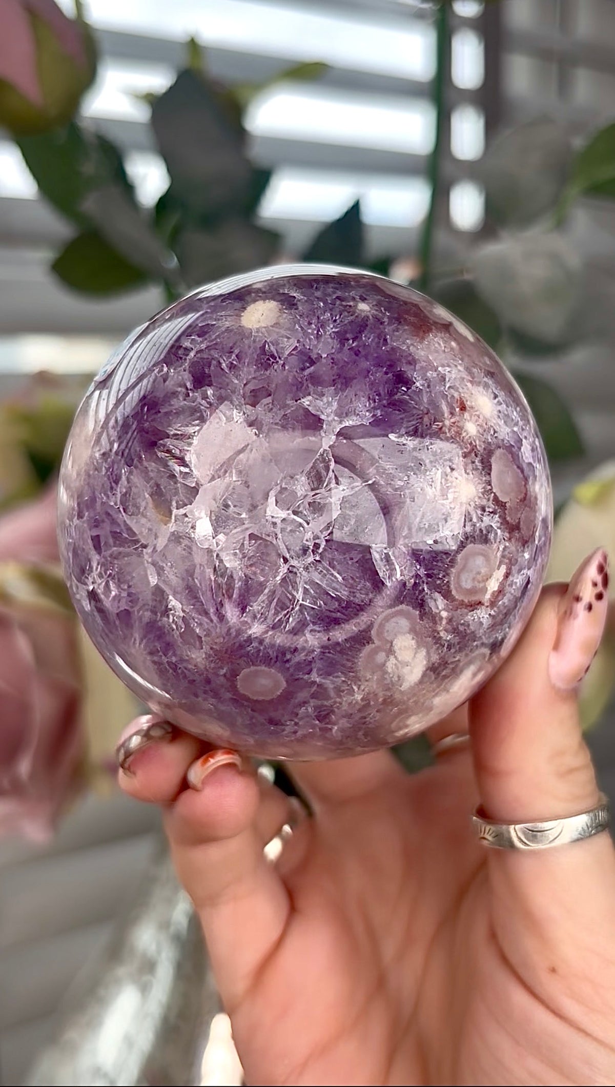 High grade, Amethyst Flower agate sphere 7.5cm 585g