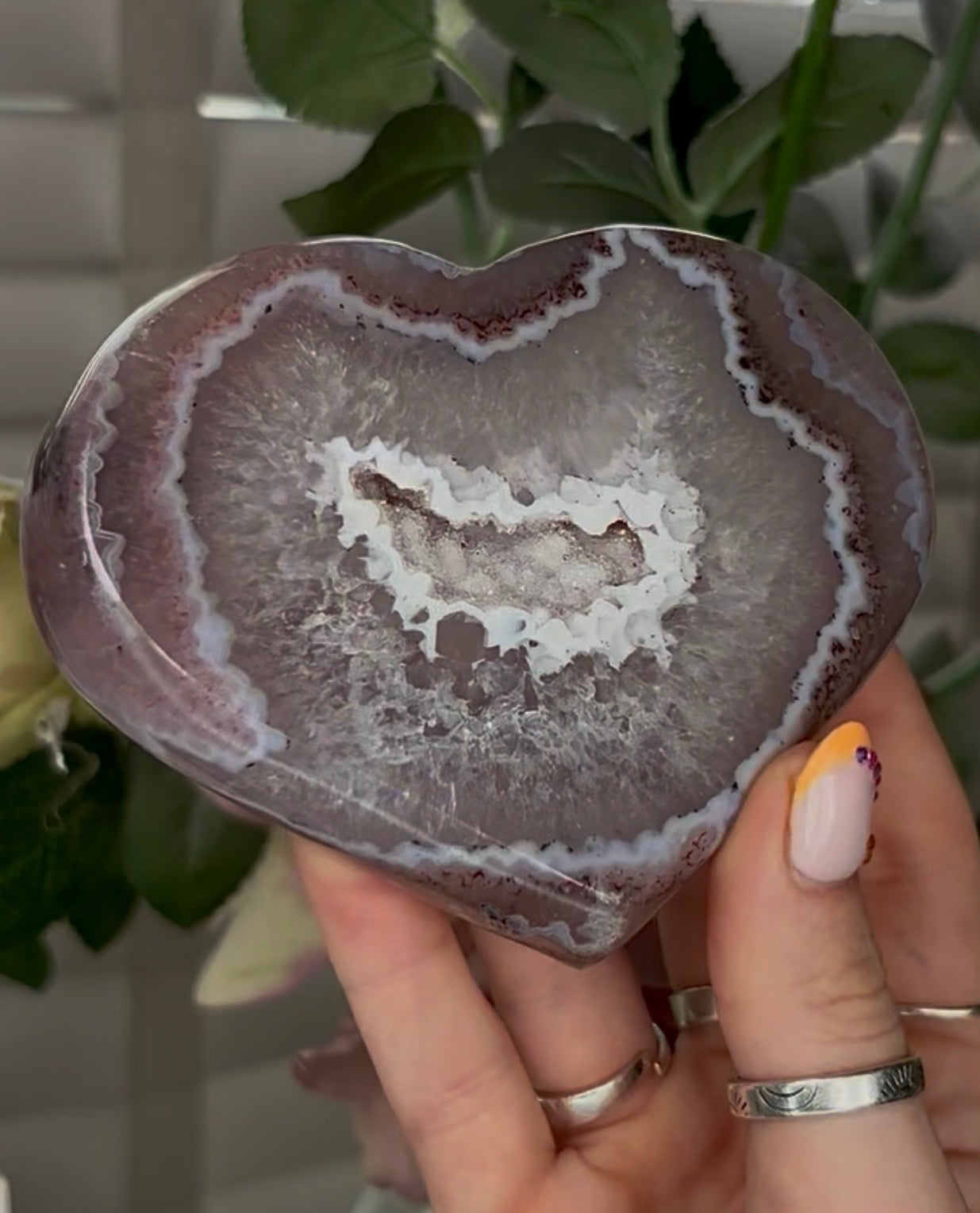Beautiful, high grade, agate heart with druzy - comes with stand