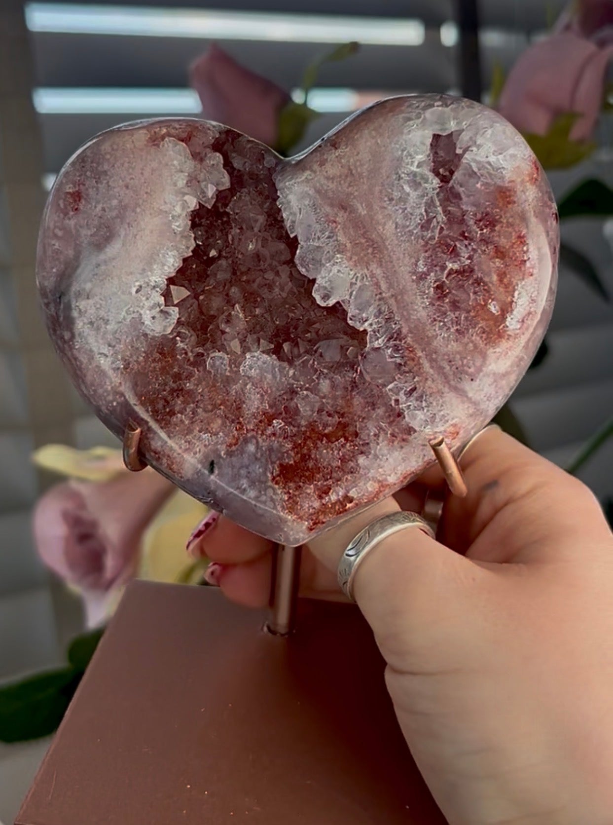 High quality pink amethyst heart - comes with stand
