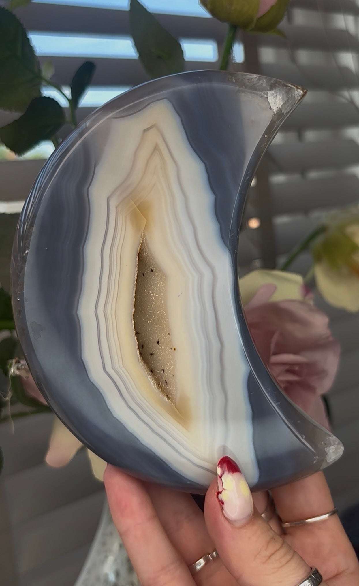 Beautiful, high quality, blue and lemon agate moon with druzy - stand included