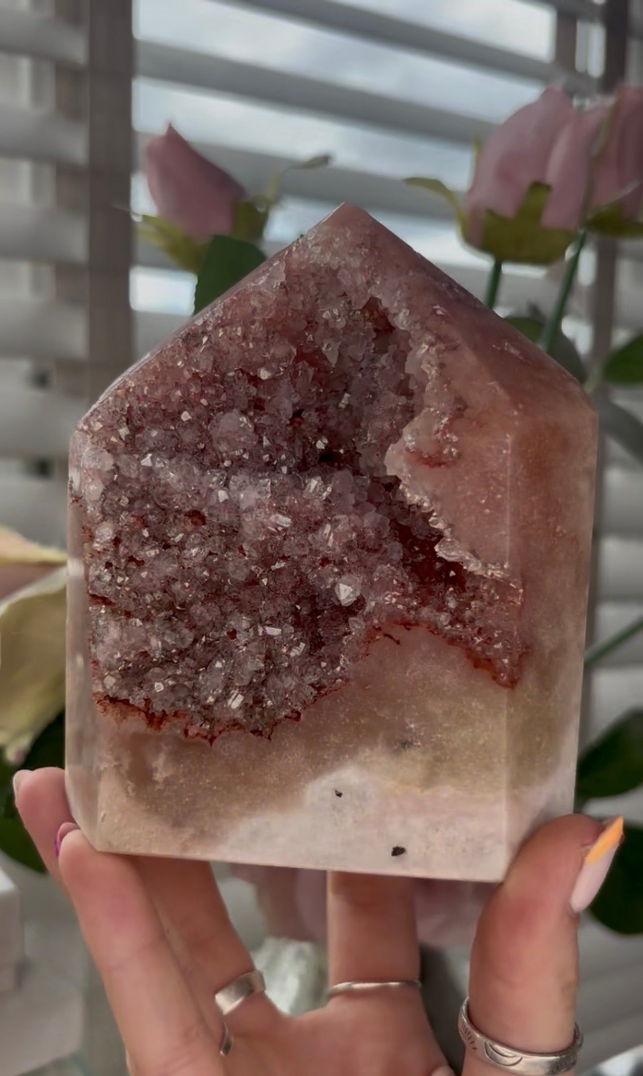 Pretty, high grade, Pink amethyst tower with gorgeous Druzy in burnt orange tones