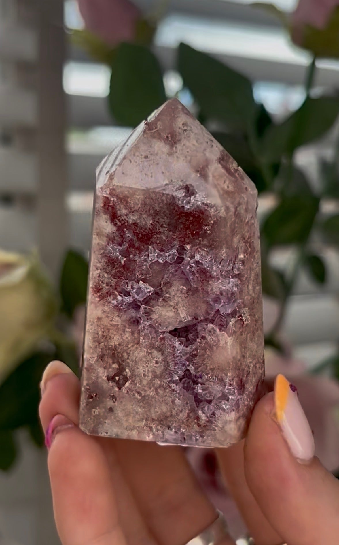 Pretty, high quality, Pink amethyst tower, with lilac quartz druzy