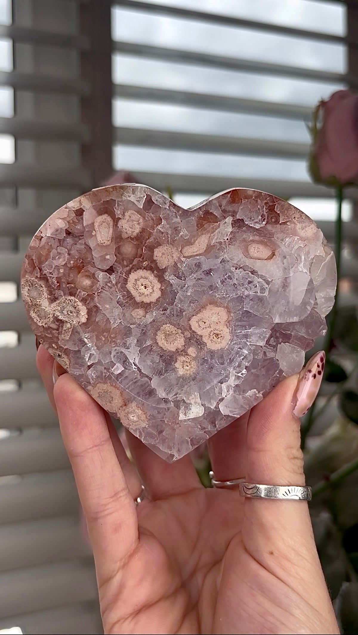 High grade, amethyst Flower agate heart with high clarity quartz