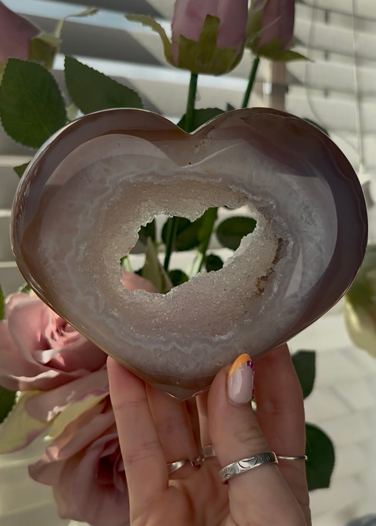 Beautiful, high quality, agate heart   with druzy - stand included
