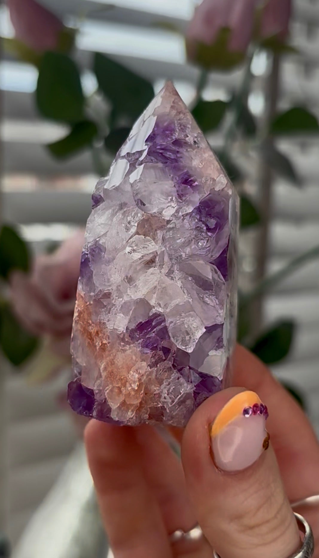 High quality, Pink amethyst tower, with purple quartz druzy