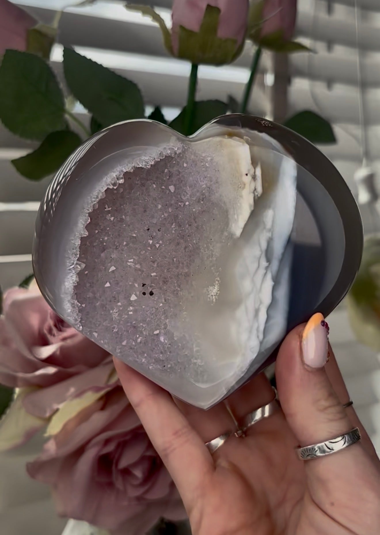 Beautiful, high quality, blue agate heart  with amethyst druzy - stand included