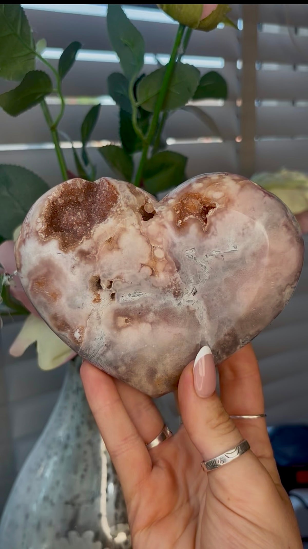 Gorgeous, pink amethyst heart- comes with stand