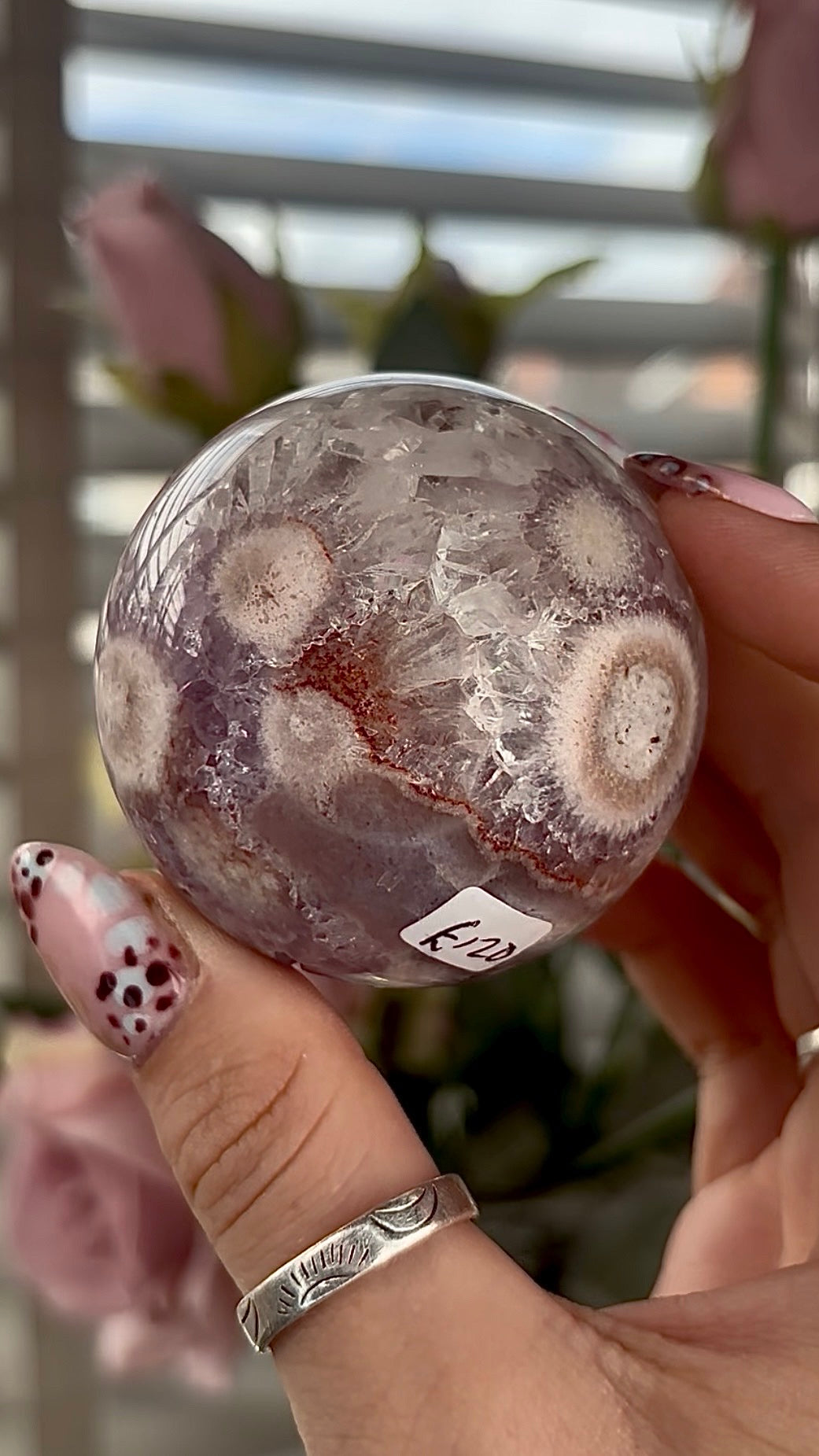 High grade, amethyst Flower agate sphere with high clarity quartz