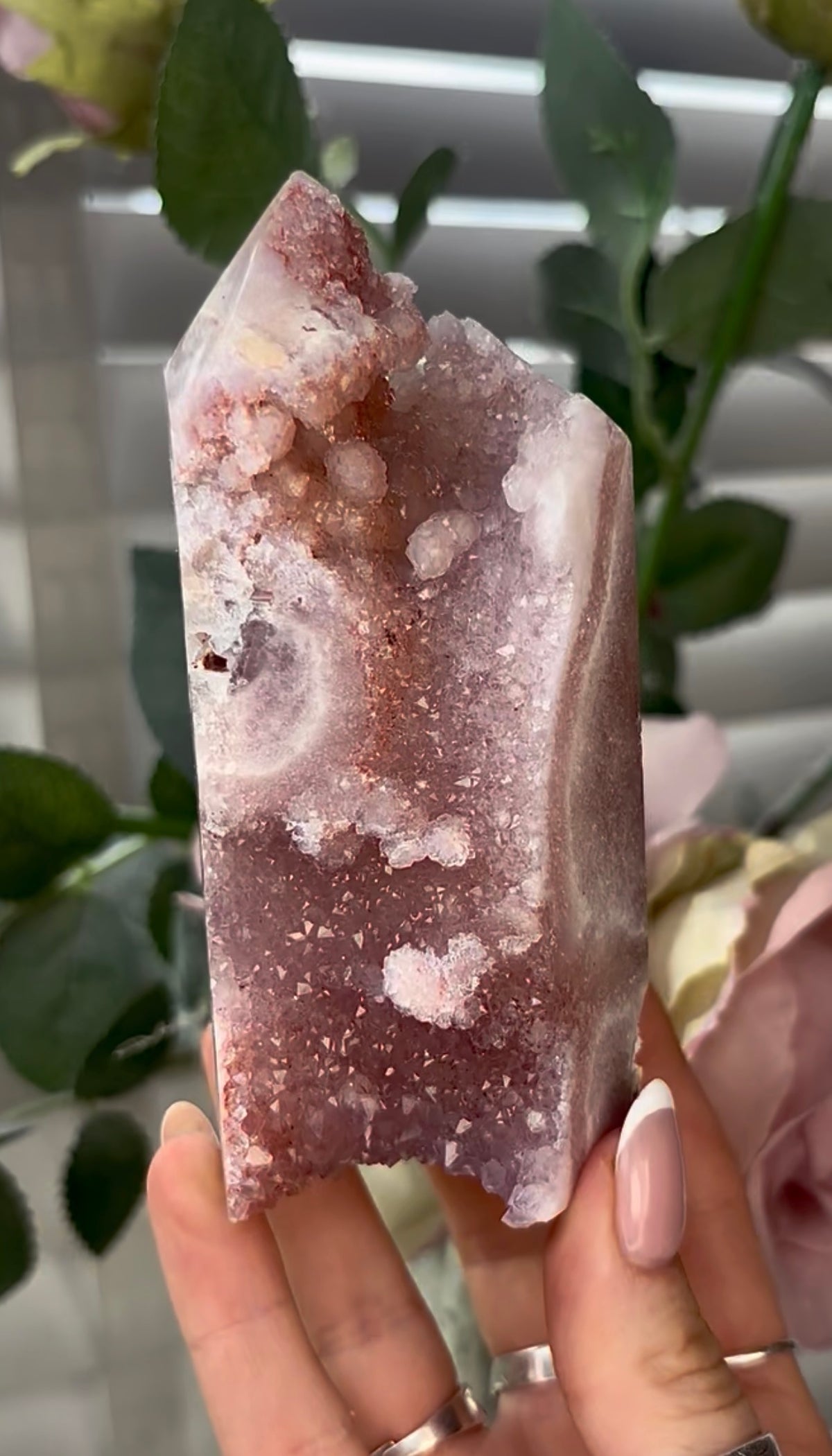 Beautiful, hq, druzy, Pink amethyst tower 11.7cm(h) by 5.4cm(w)