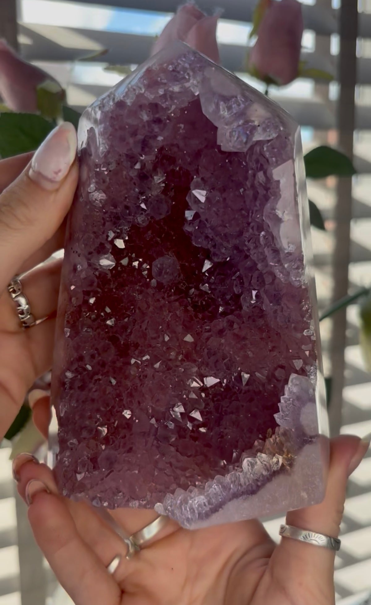Beautiful, high quality, Pink amethyst tower in lilac tones with vibrant purple druzy