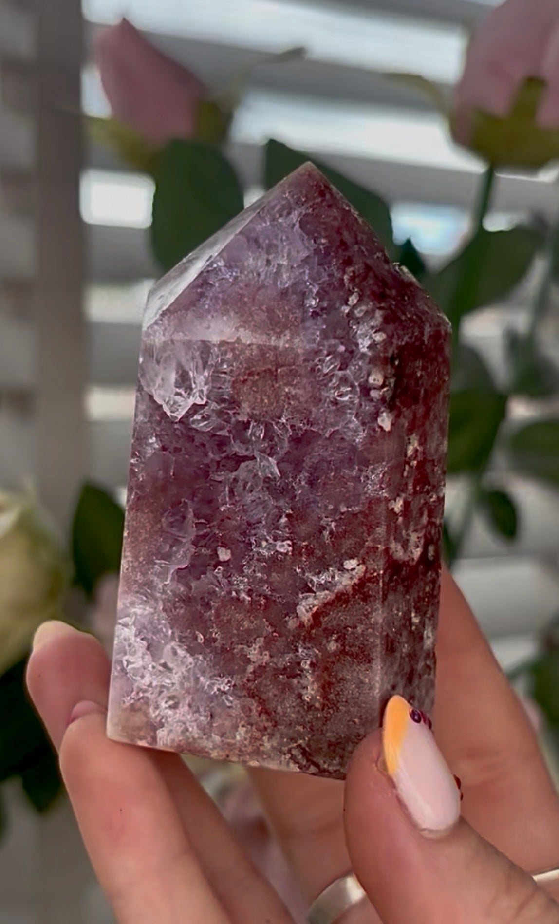 Pretty, high quality, Pink amethyst tower, with lilac quartz druzy