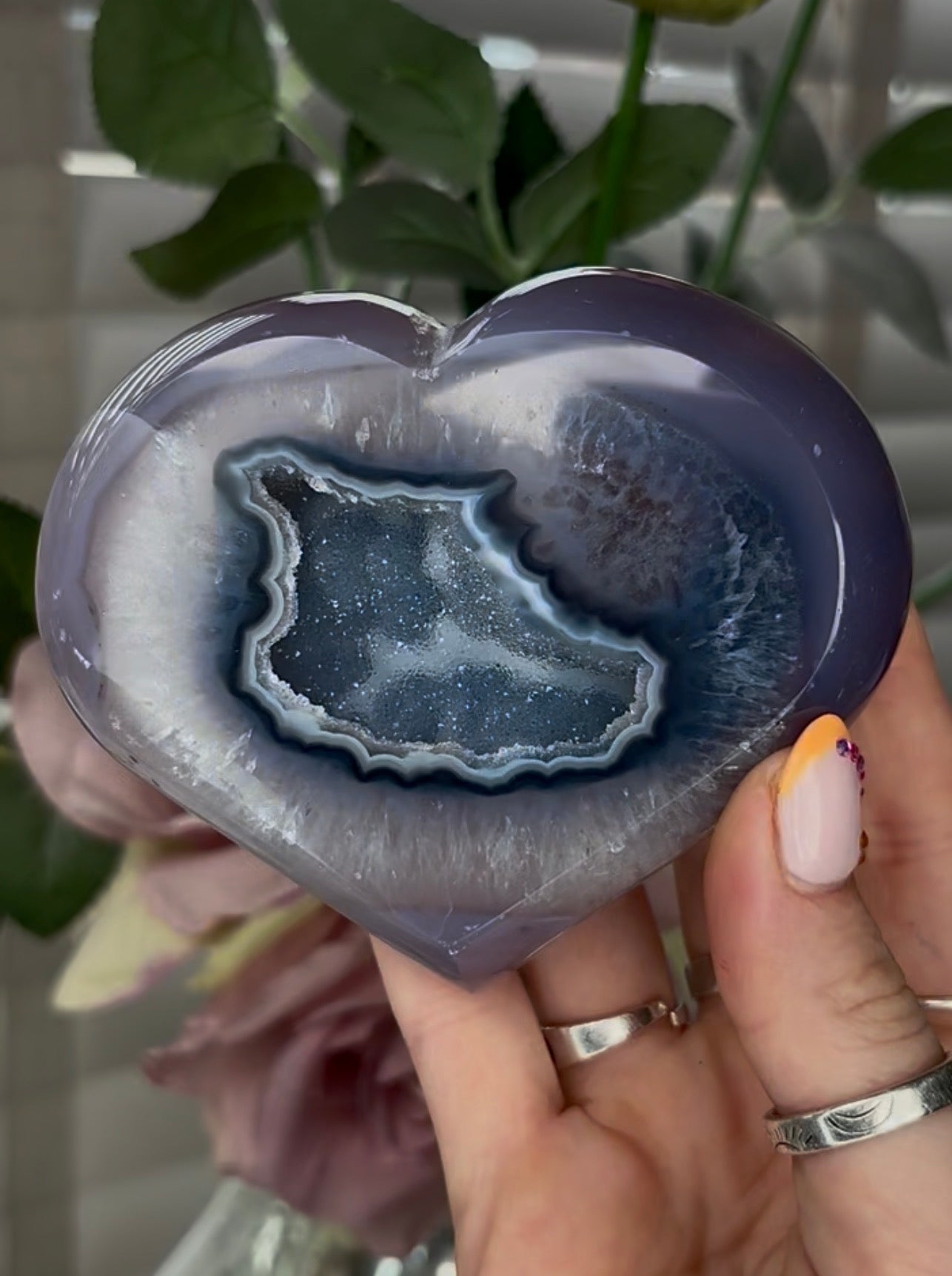 Gorgeous, blue agate heart, with druzy ( I believe this heart is part dyed & part natural) - comes with stand