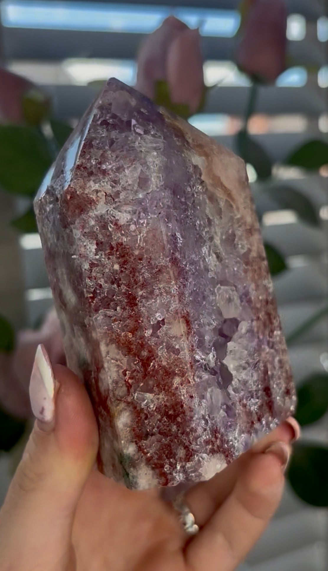 Beautiful, high quality, Pink amethyst tower with quartz & flower formations