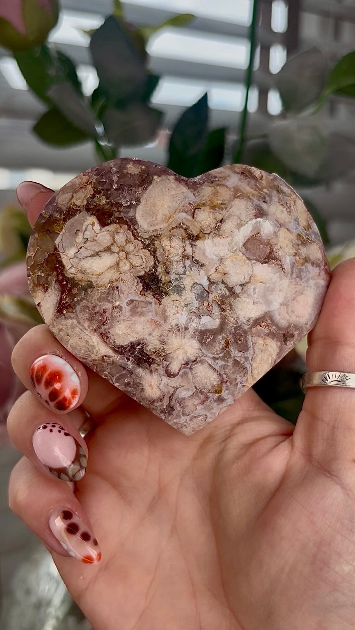 High grade, Amethyst Flower agate heart with stand