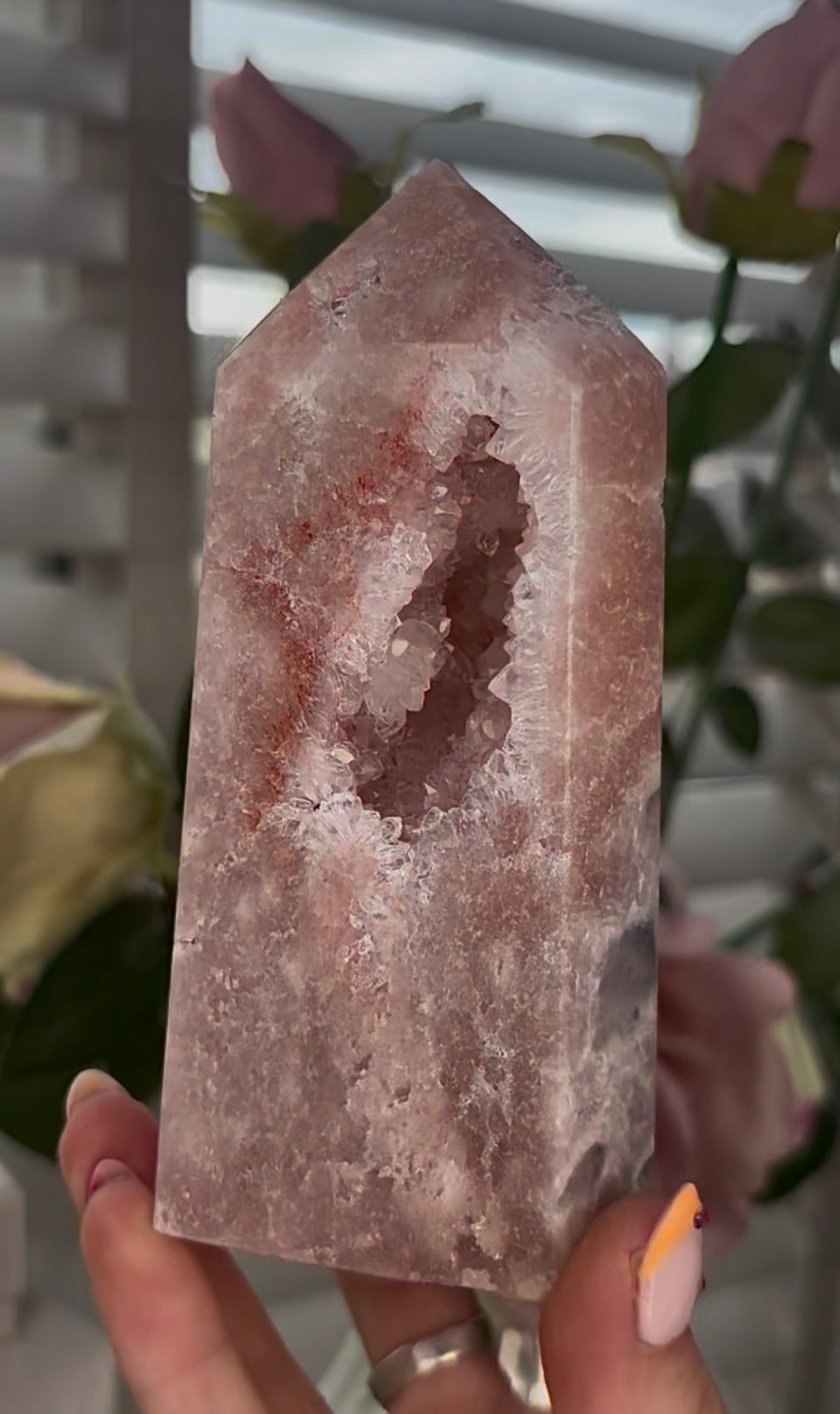 Pretty, Pink amethyst tower, with quartz druzy