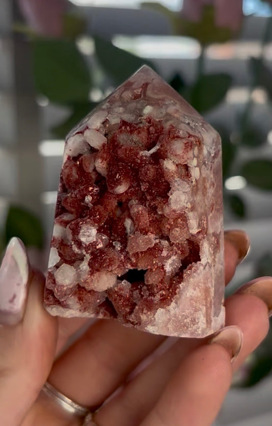 Beautiful, high quality, Pink amethyst tower with orbicular formations covered in red sugar druzy