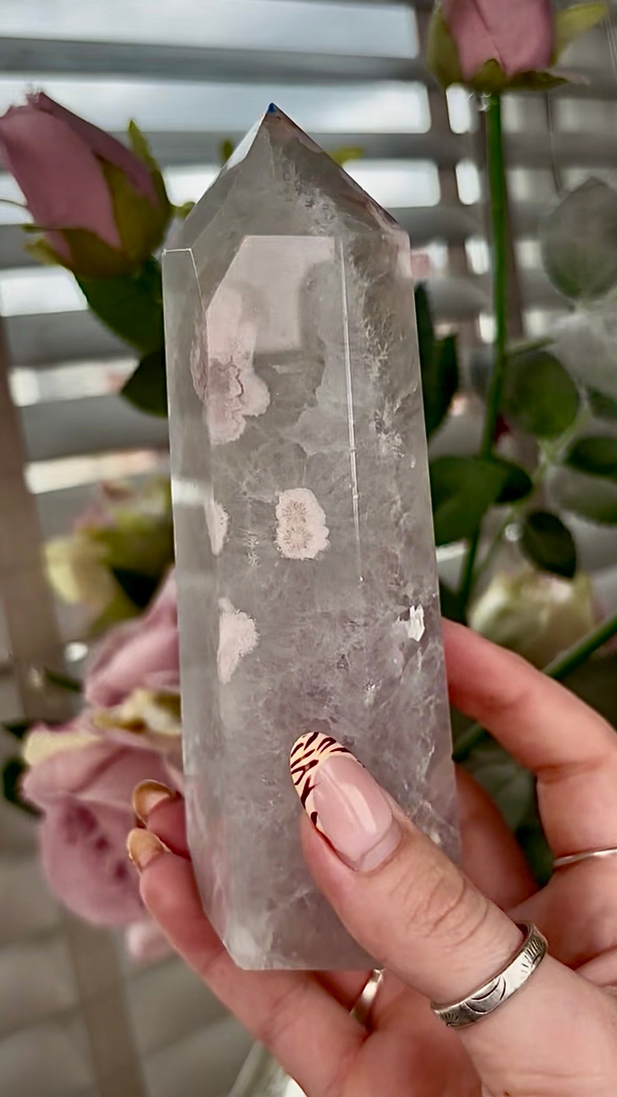 Stunning!! Super high quality, Druzy, green chlorite x blue flower agate tower