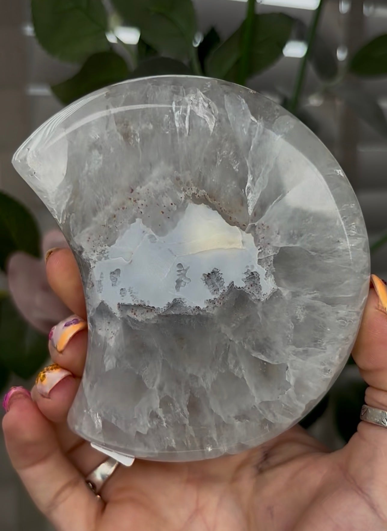 Beautiful, high grade, agate moon with druzy - comes with stand