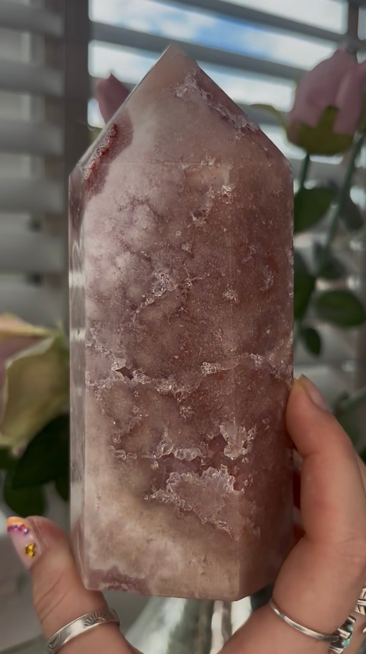 Beautiful Large, Pink amethyst tower with quartz druzy