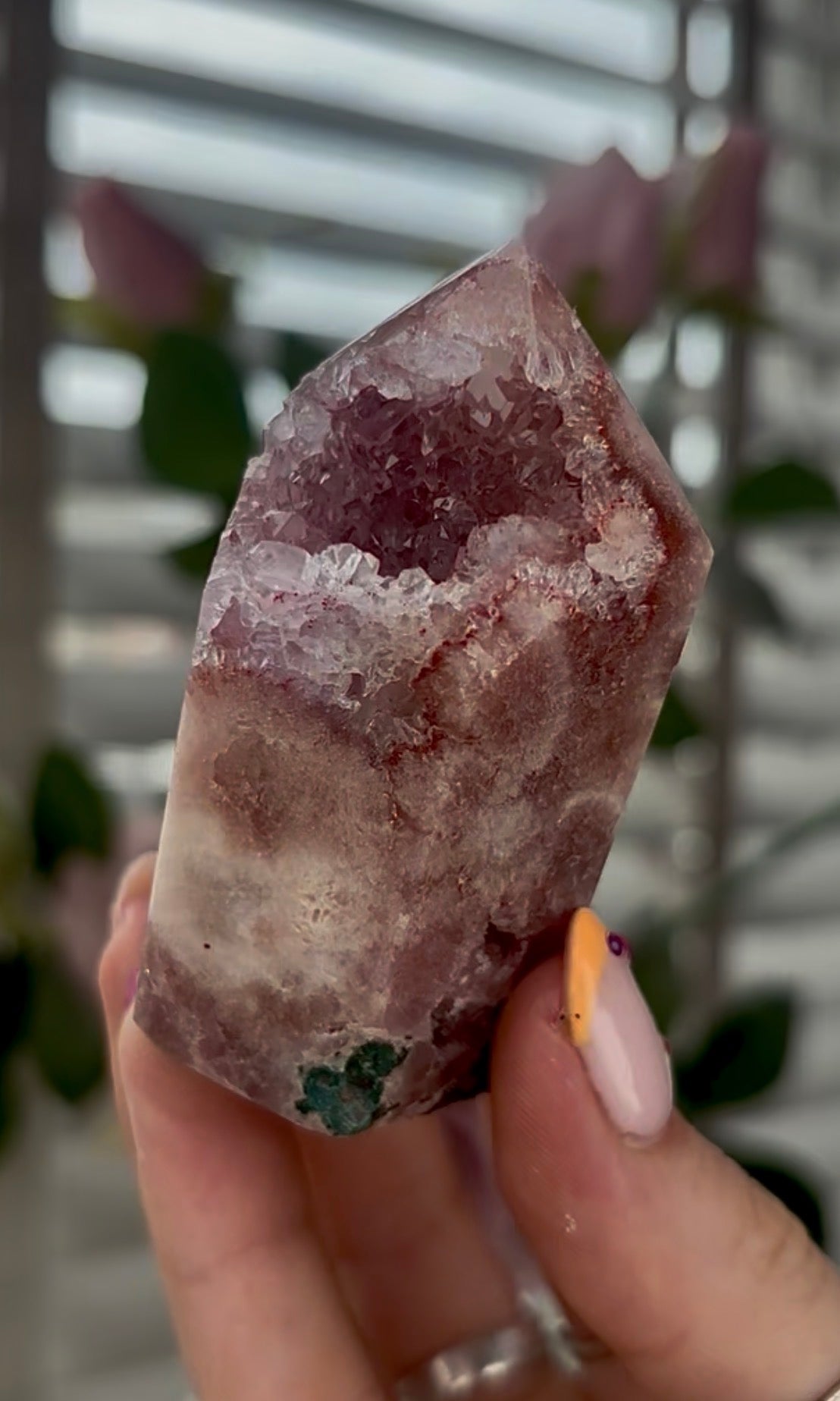 High quality, Pink amethyst tower, with quartz top & Green jasper