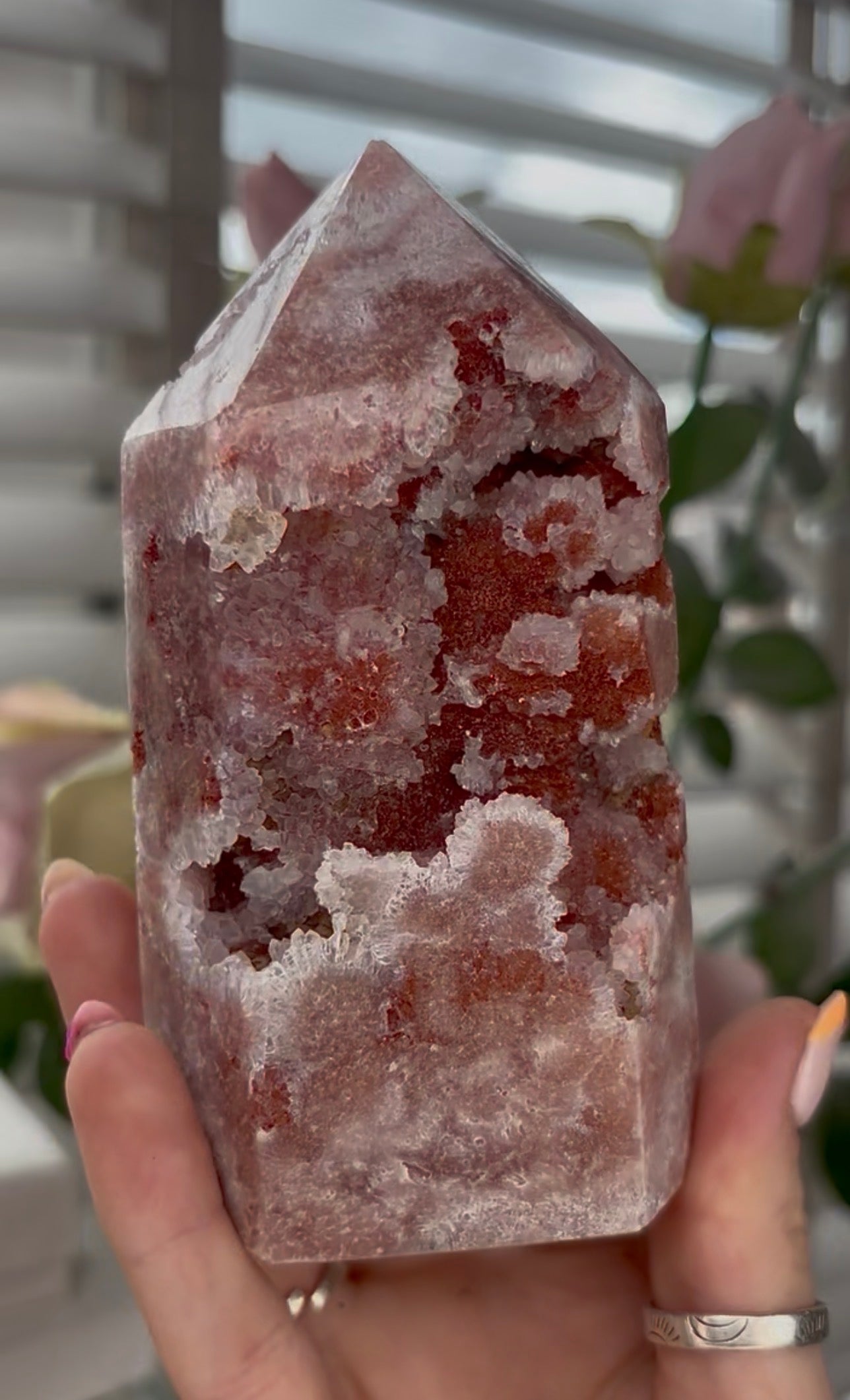 Pretty, high quality, Pink amethyst tower, in a red tone