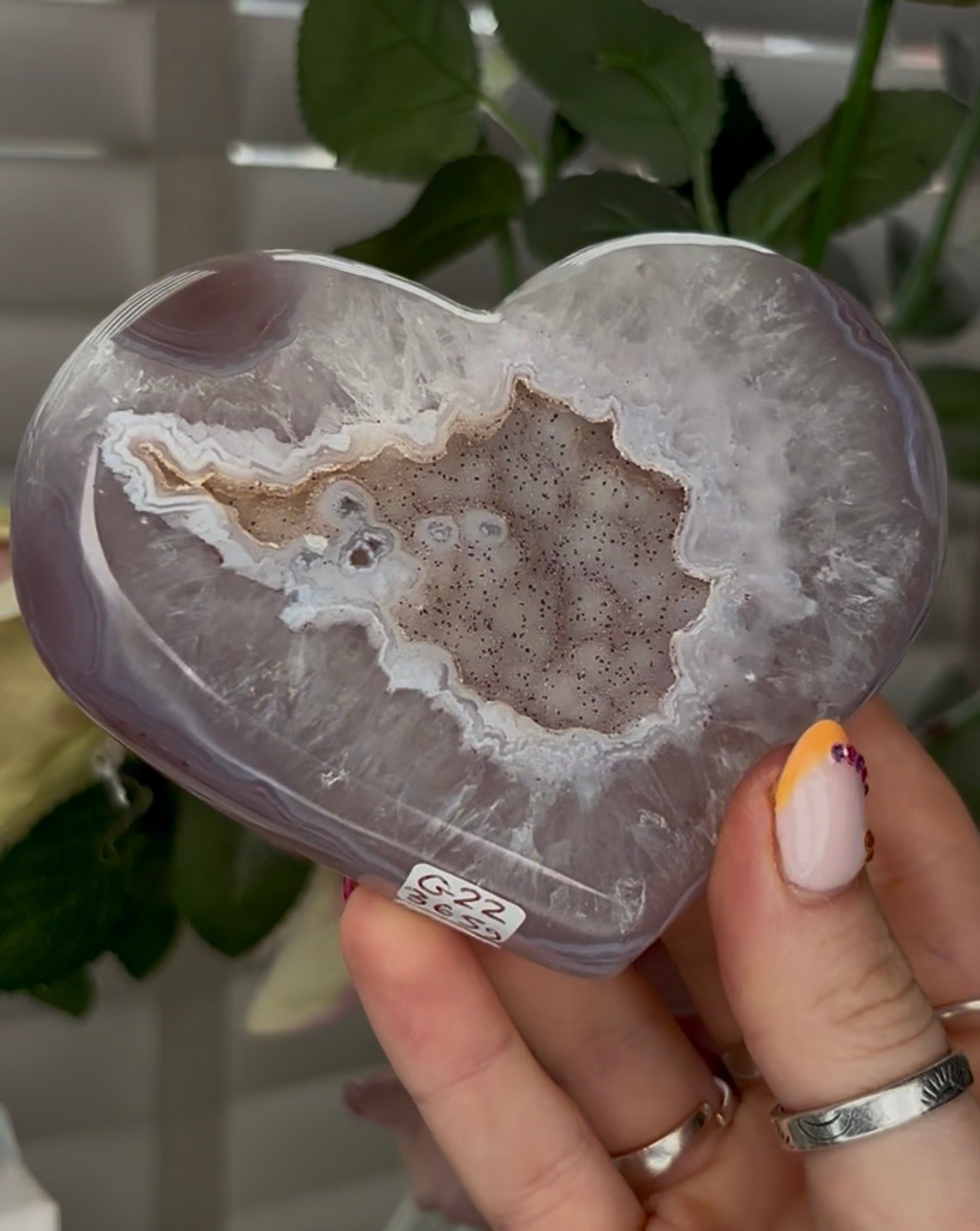 Beautiful, high grade, agate heart with druzy - comes with stand