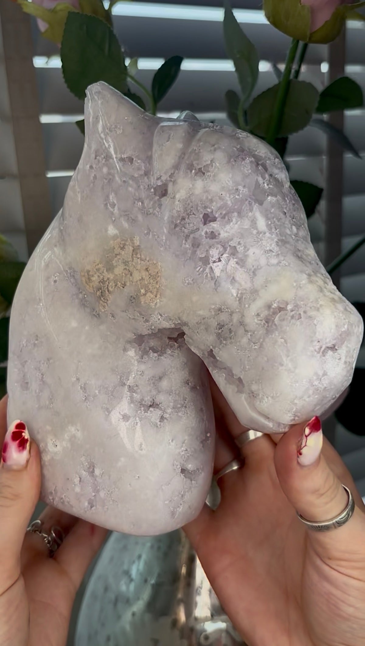 High grade, large, pink amethyst horse carving