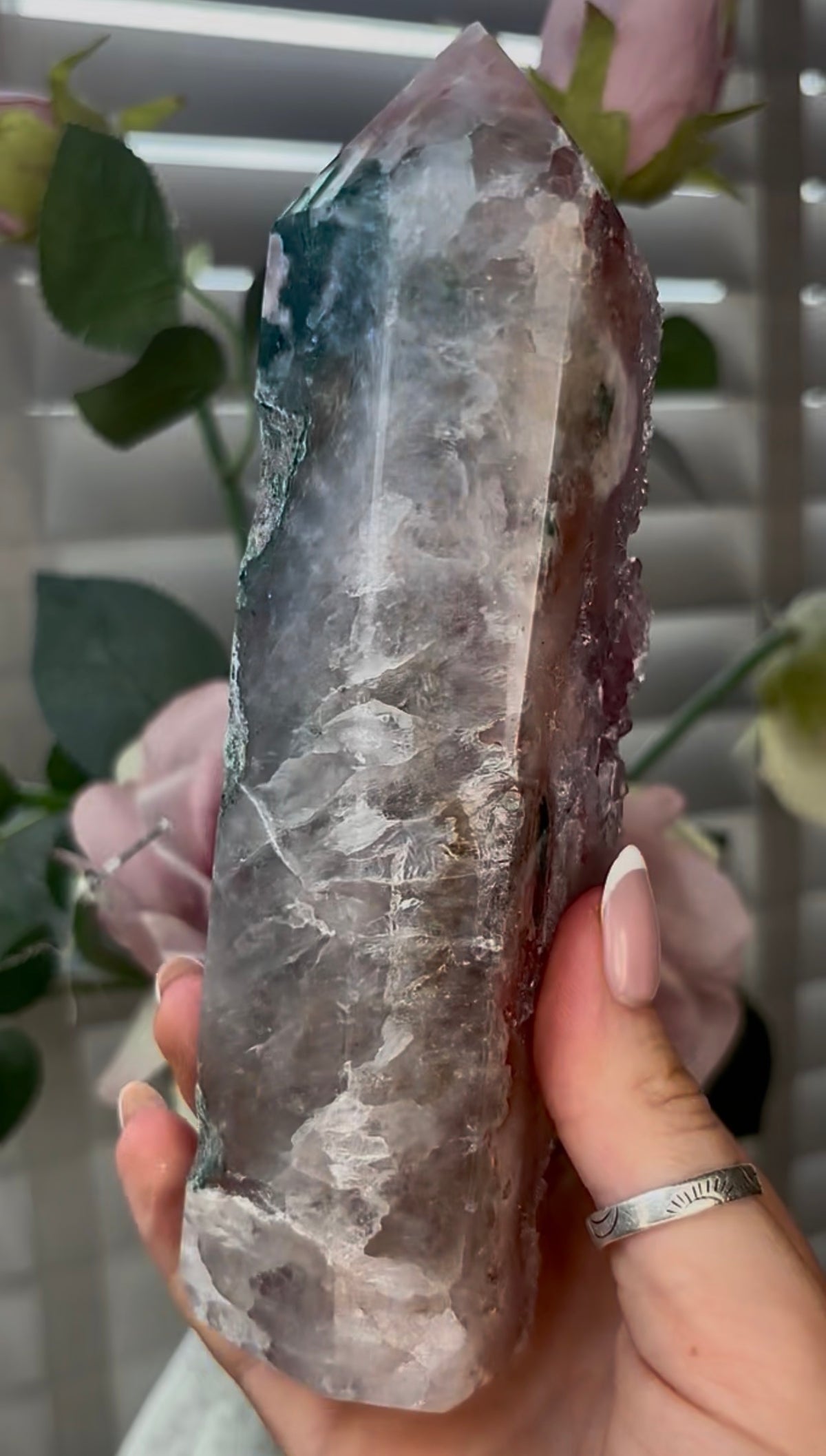 Beautiful, high quality, Pink amethyst tower with lilac quartz 18cm(h) by 4.5cm(w)
