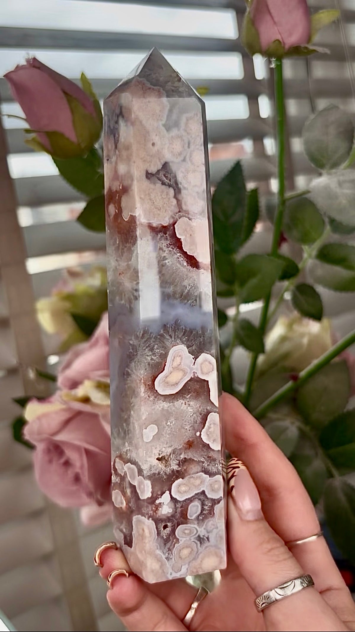 Stunning!! Super high quality, Druzy, green chlorite x blue flower agate tower