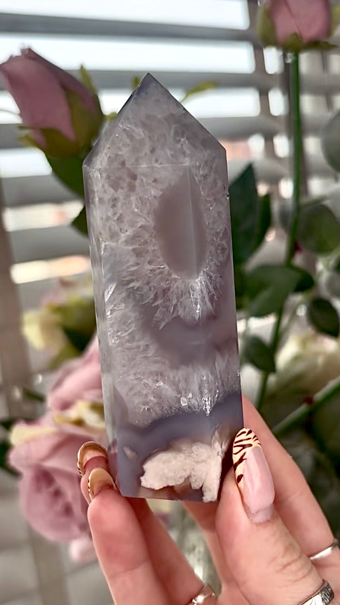 Stunning!! Super high quality, Druzy, green chlorite x blue flower agate tower