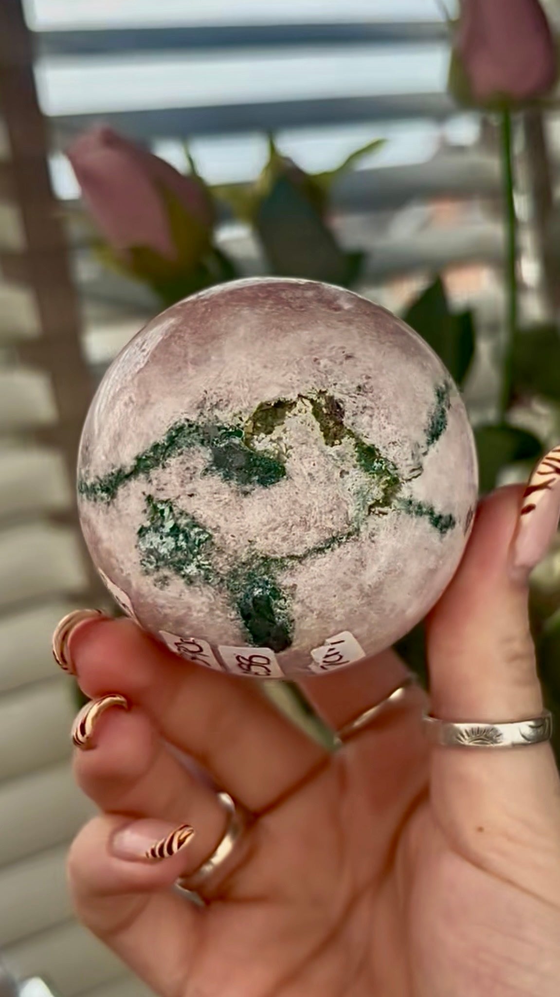 gorgeous perfect, pink amethyst sphere  & Green jasper 390g 7cm