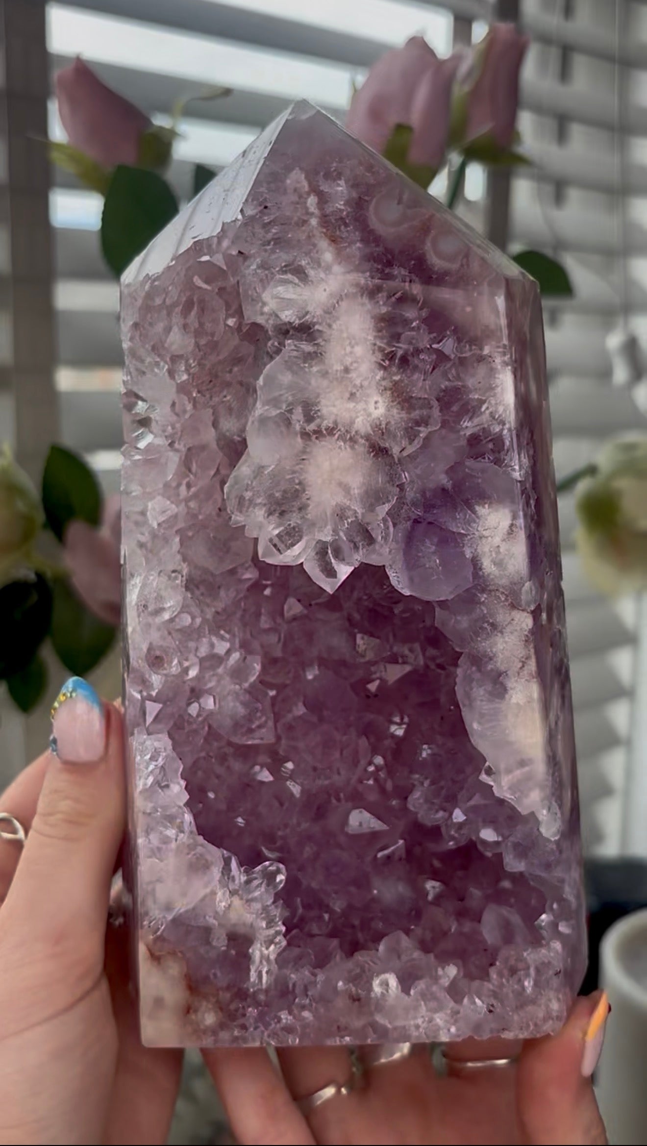 Beautiful, large, high quality, Pink amethyst tower with lilac tone quartz 20.5cm by 11cm
