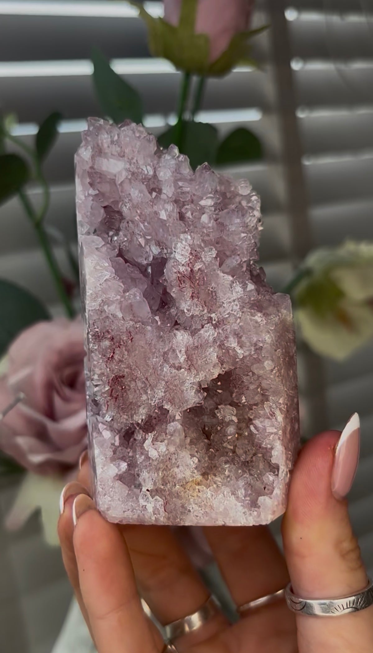 Beautiful, hq, druzy, Pink amethyst tower 10cm(h) by 5.5cm(w)