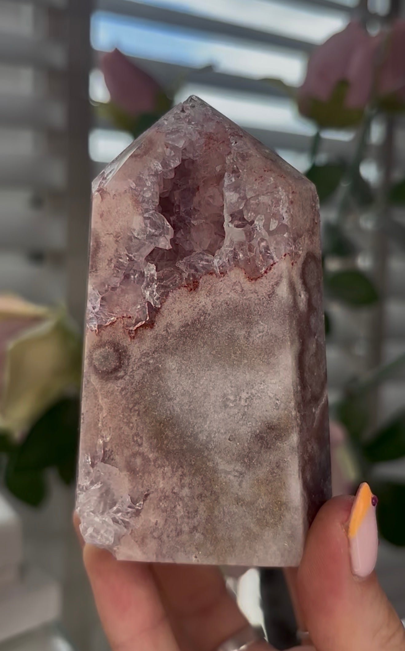Beautiful, Pink amethyst tower with quartz druzy