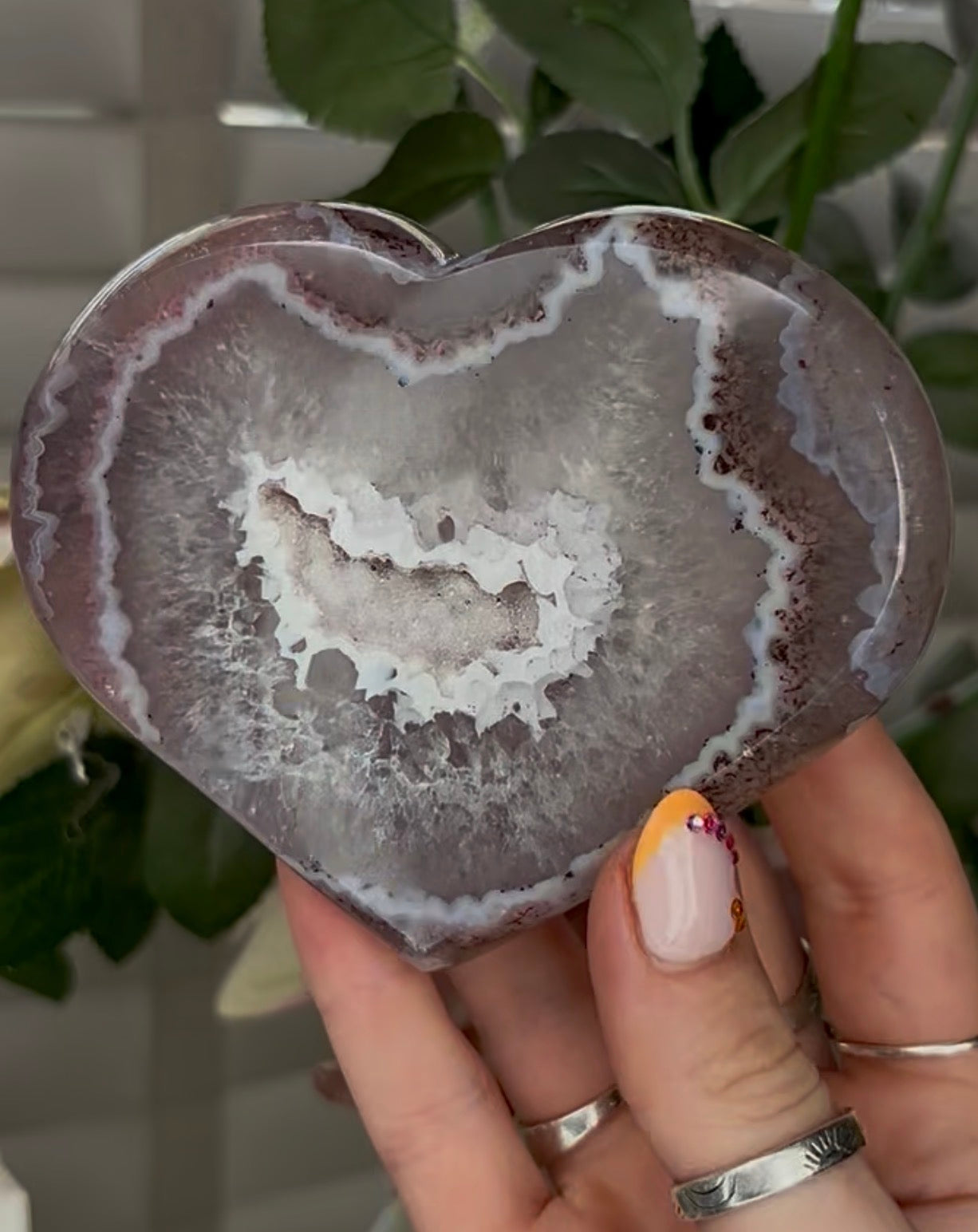 Beautiful, high grade, agate heart with druzy - comes with stand