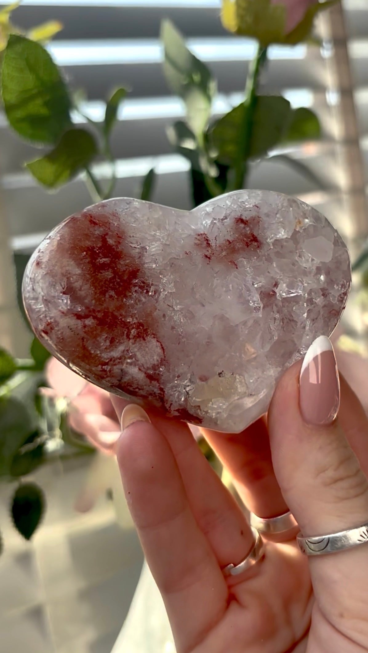 Gorgeous, high quality, berry red & quartz,  pink amethyst heart- comes with stand