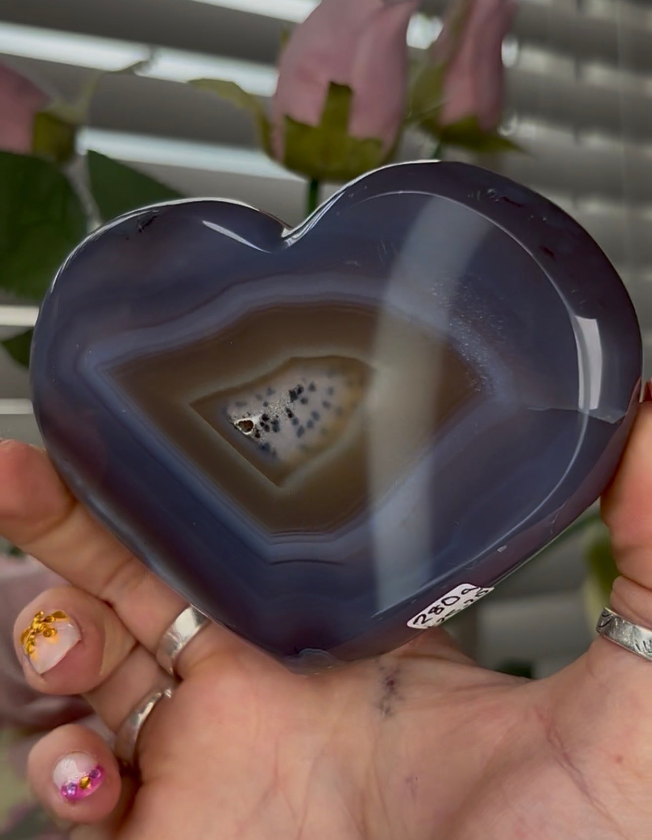 Beautiful, high grade, blue agate heart with druzy - comes with stand