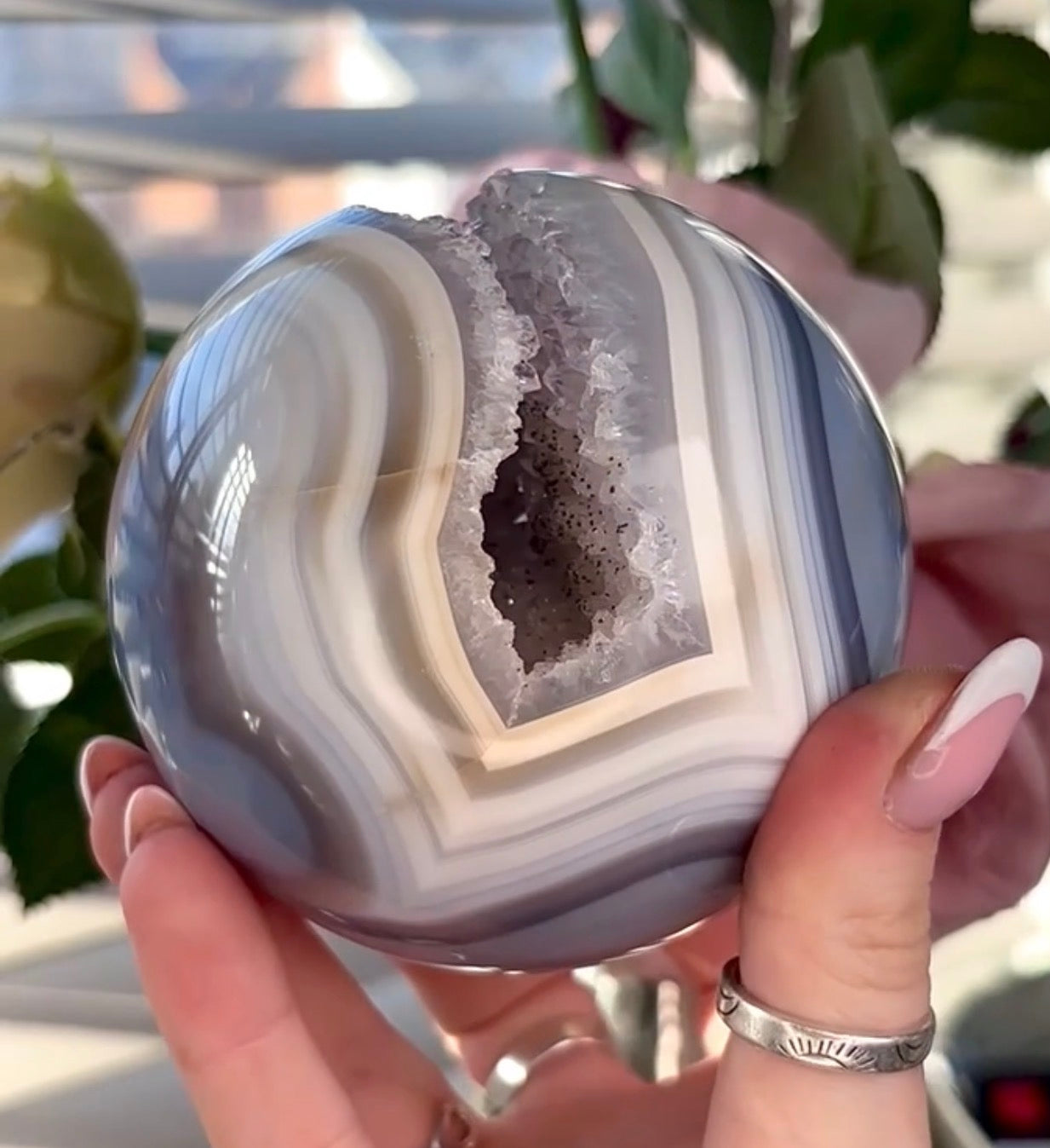 Gorgeous, high grade, blue banded amethyst agate sphere