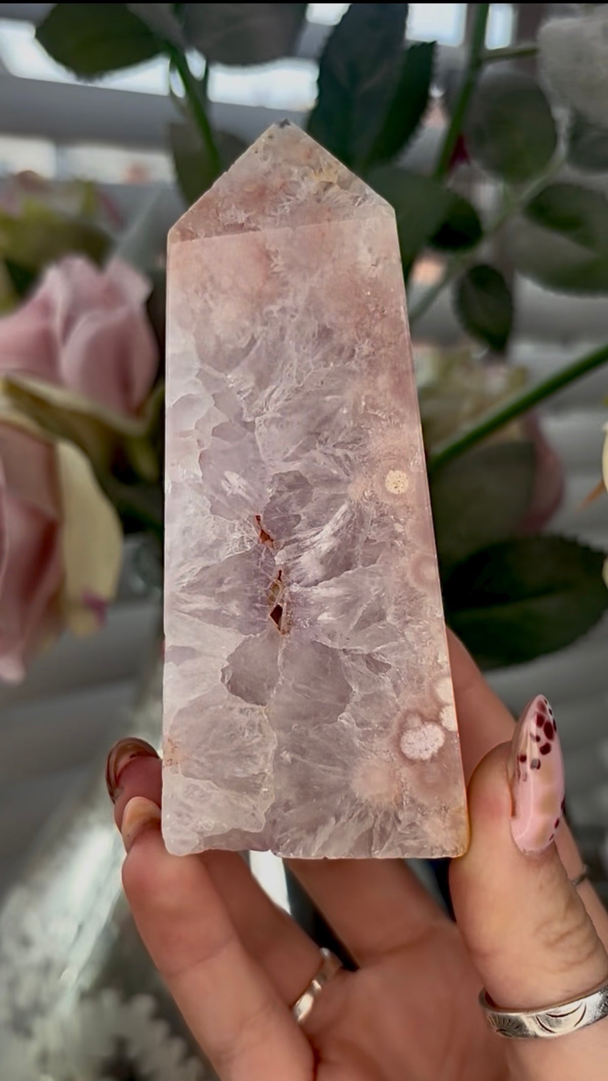 Pink amethyst Flower agate tower with quartz