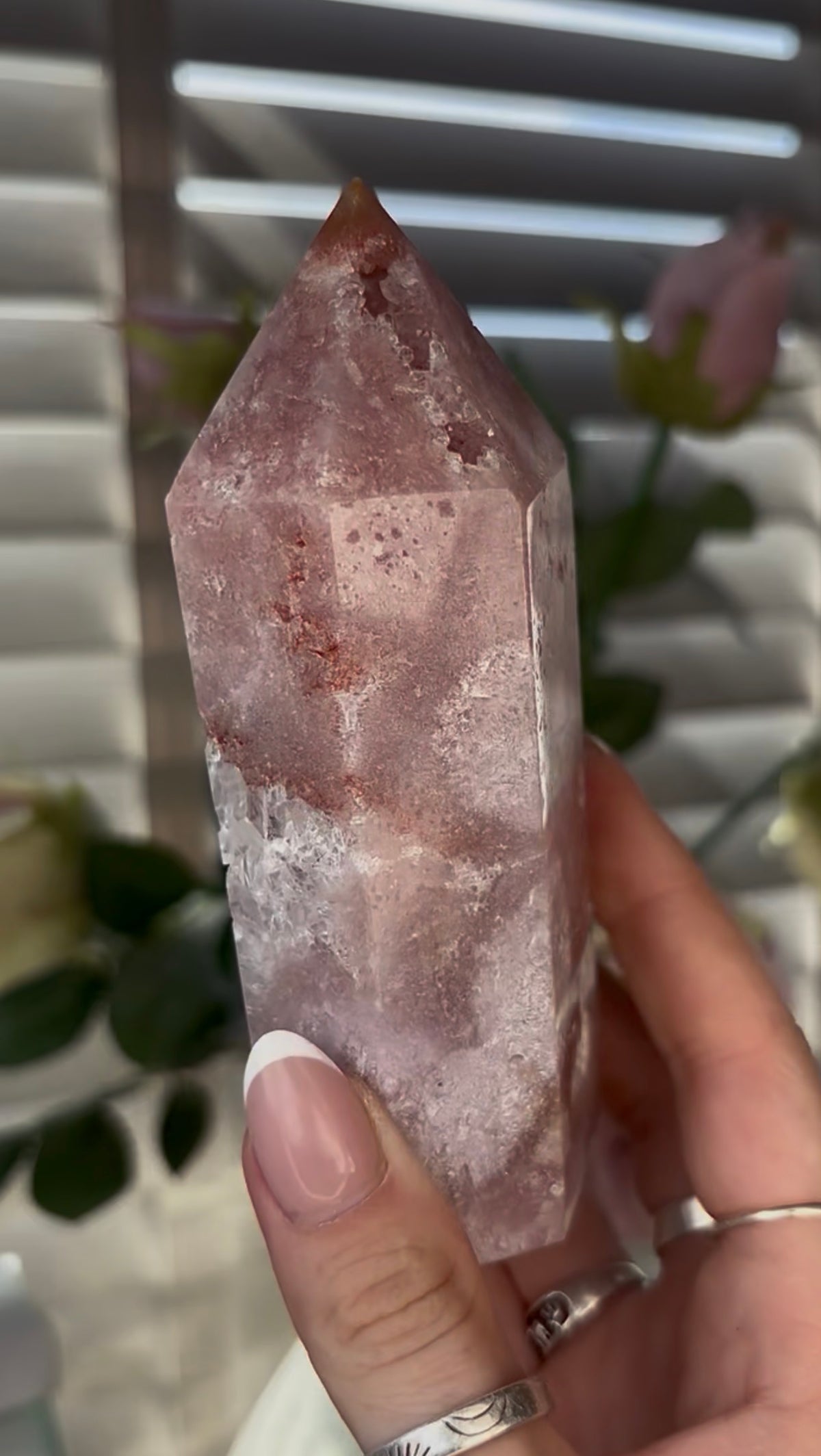 Beautiful, Pink amethyst tower with quartz 12.5cm(h) by 5cm(w)