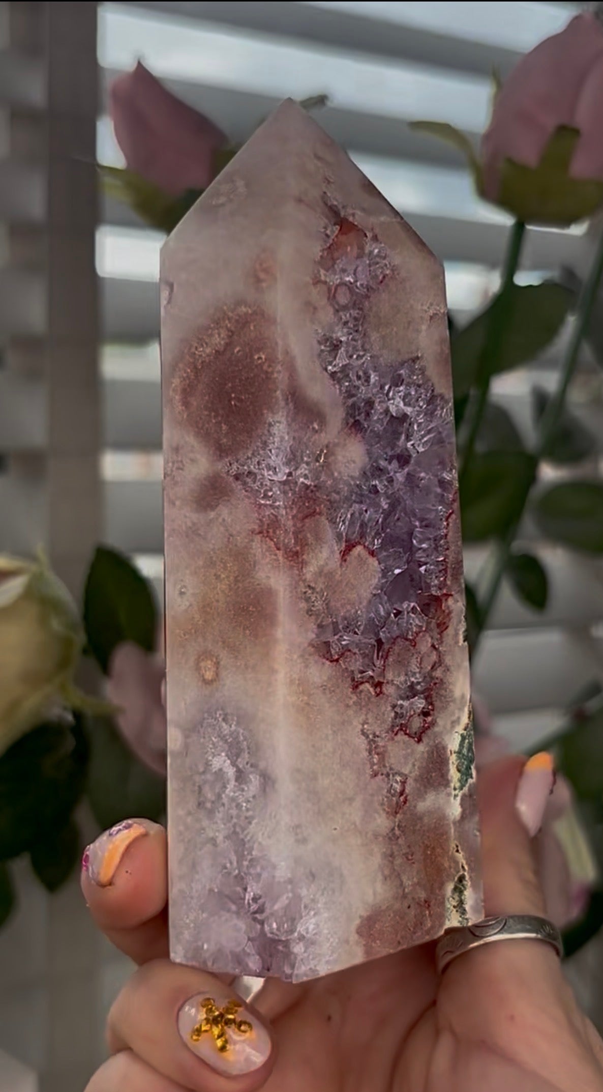 Pretty, Pink amethyst tower, with purple quartz druzy