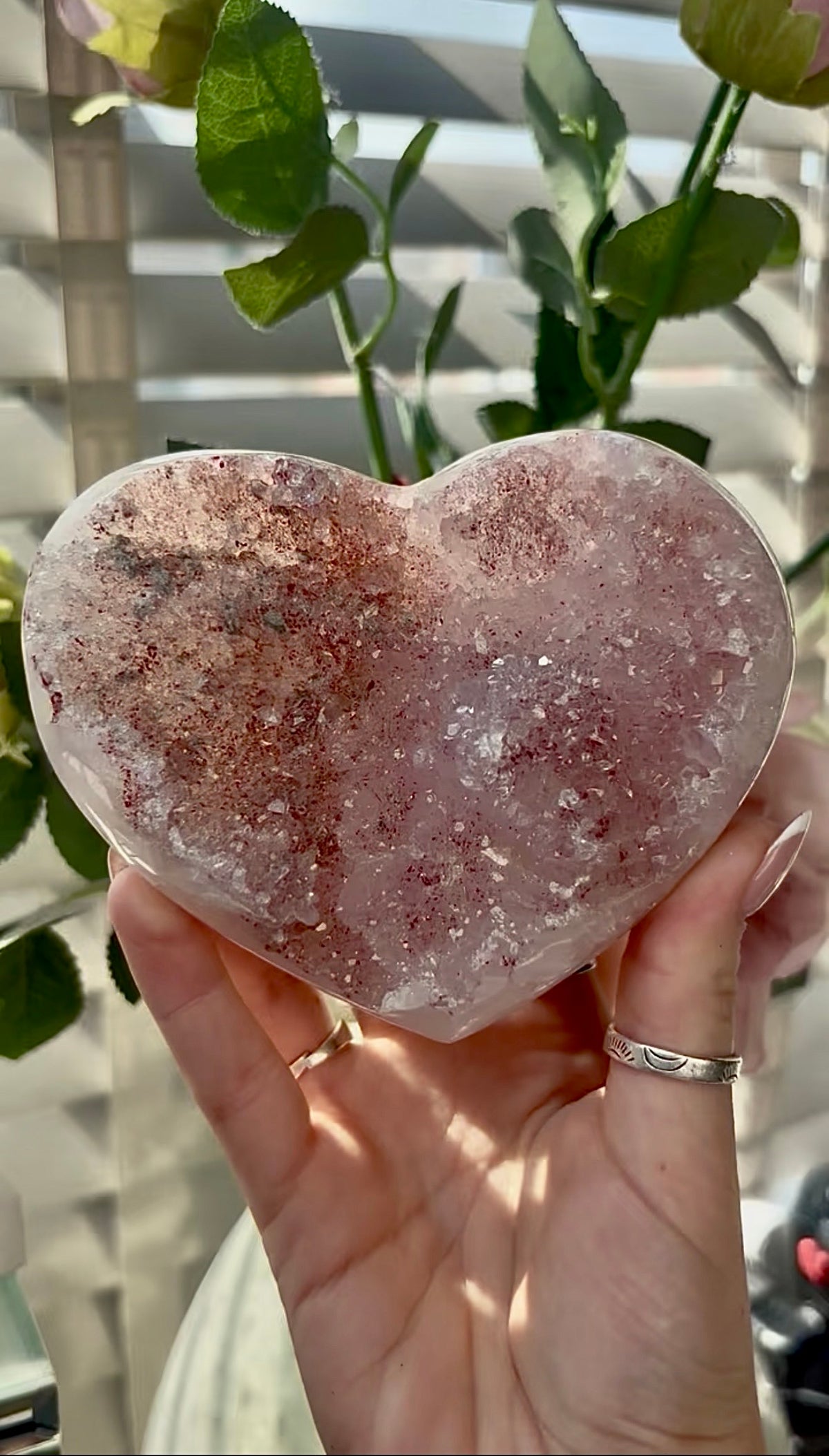 Gorgeous, pink amethyst heart- comes with stand