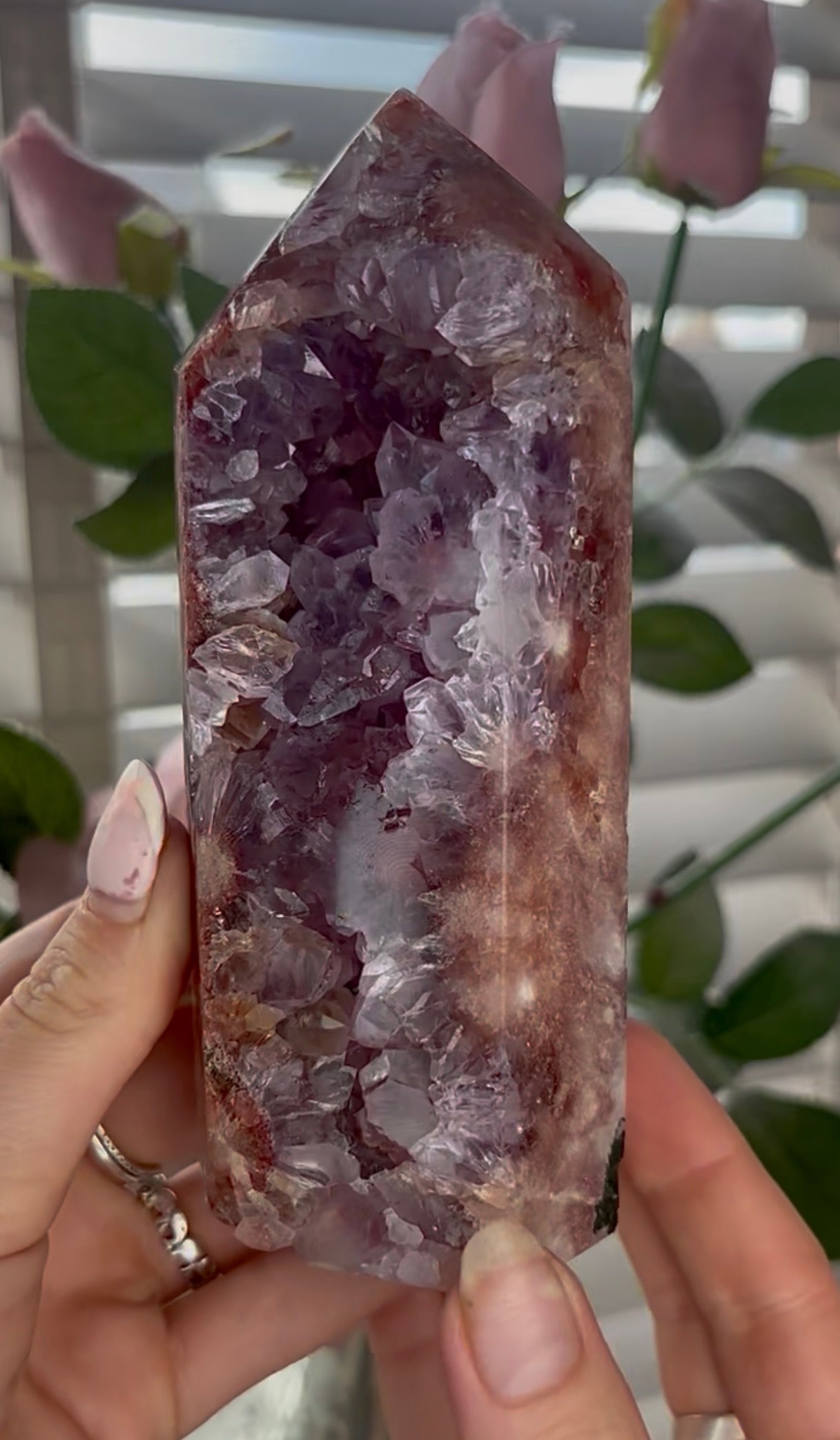 Beautiful, high quality, Pink amethyst tower with purple quartz