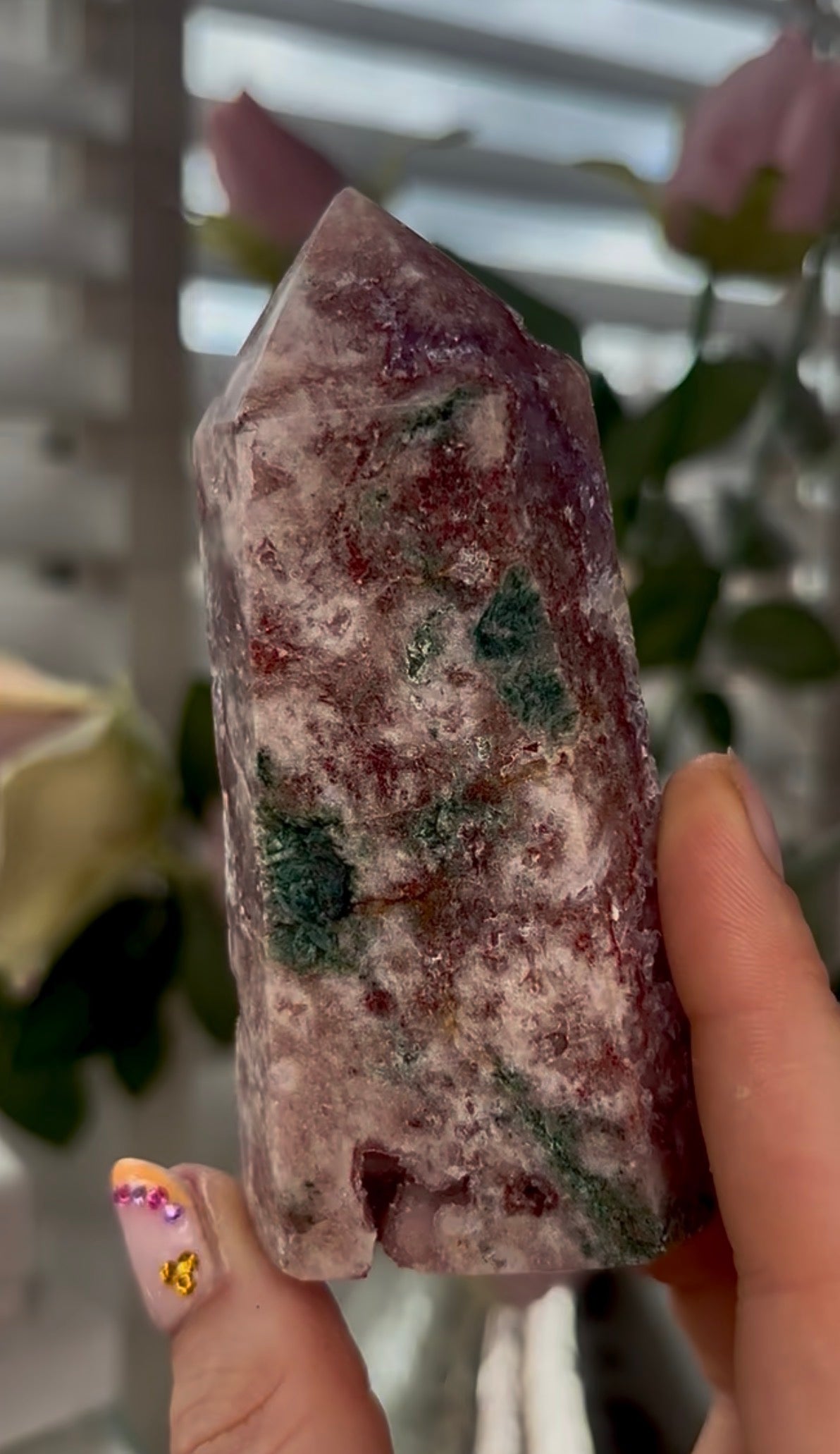 Pretty, Pink amethyst tower with Druzy & green Jasper