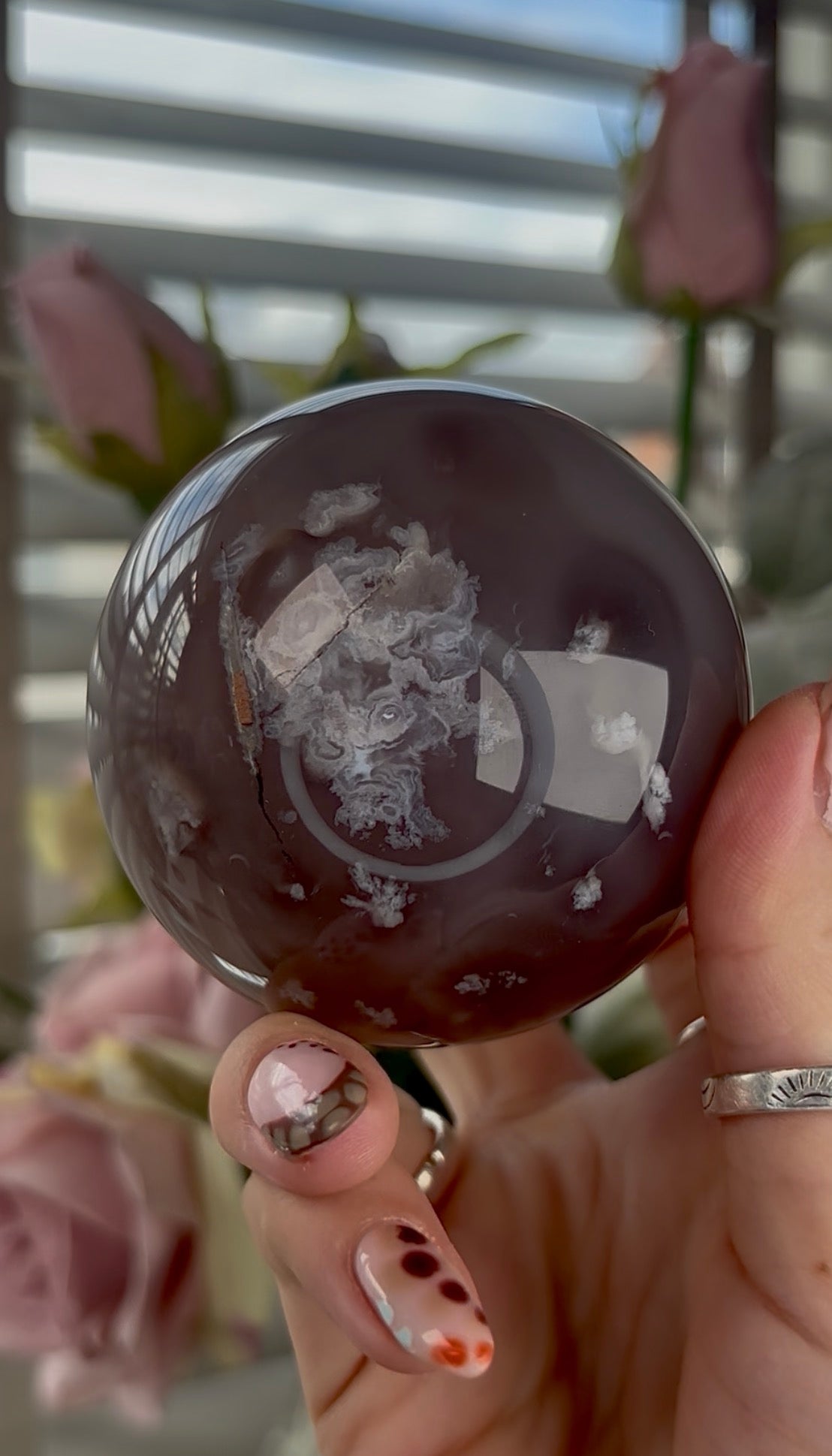High grade, amethyst Flower agate sphere with high clarity quartz