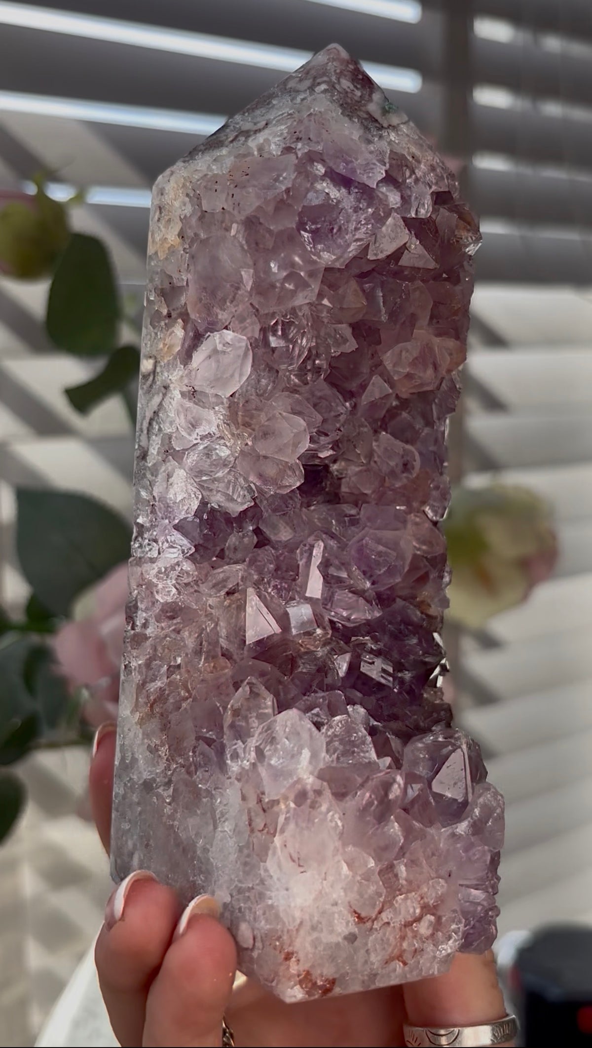 Beautiful, Pink amethyst tower with purple quartz teeth 17cm(h) by 7cm(w)