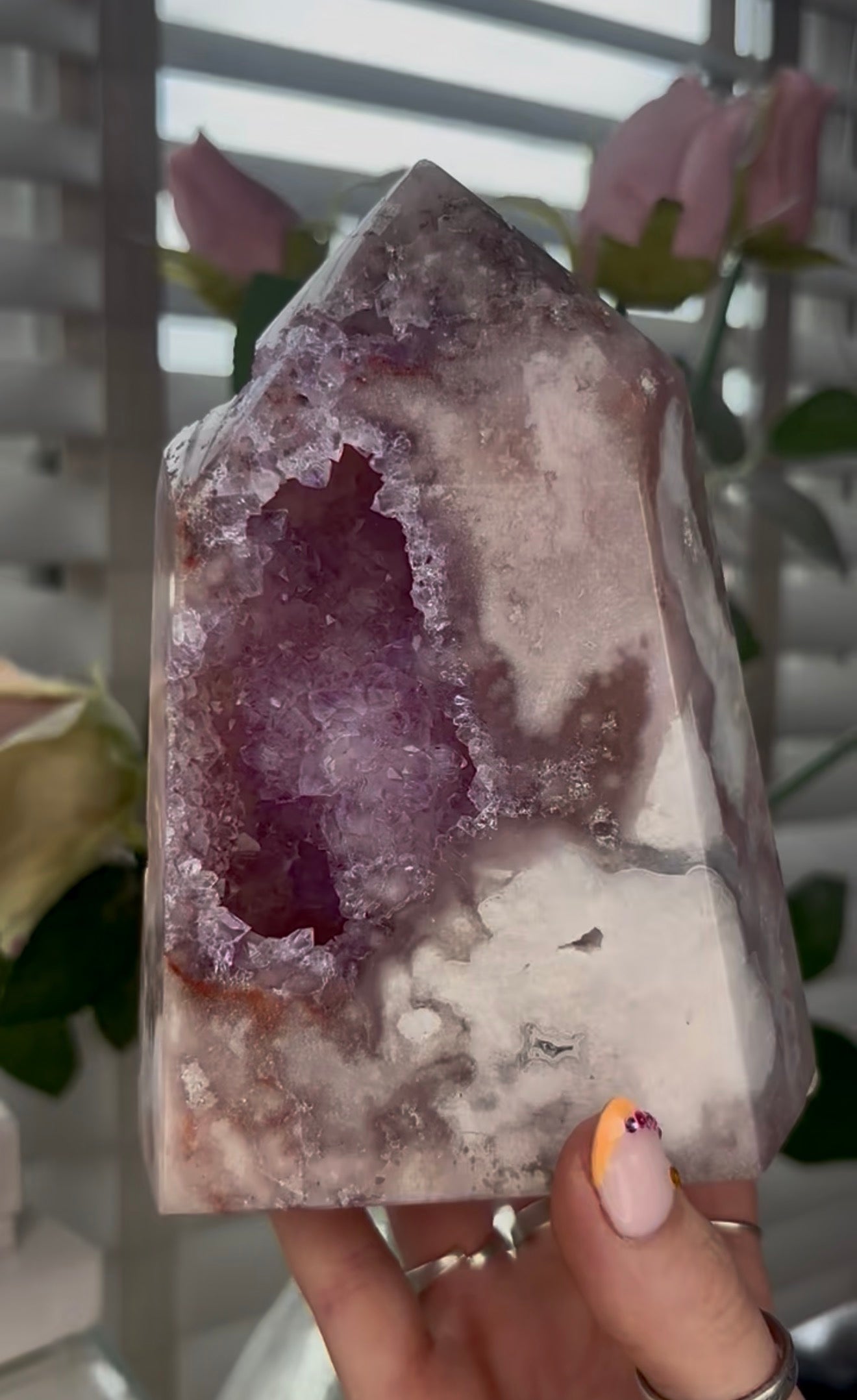 Huge, Beautiful, Pink amethyst tower with purple quartz druzy