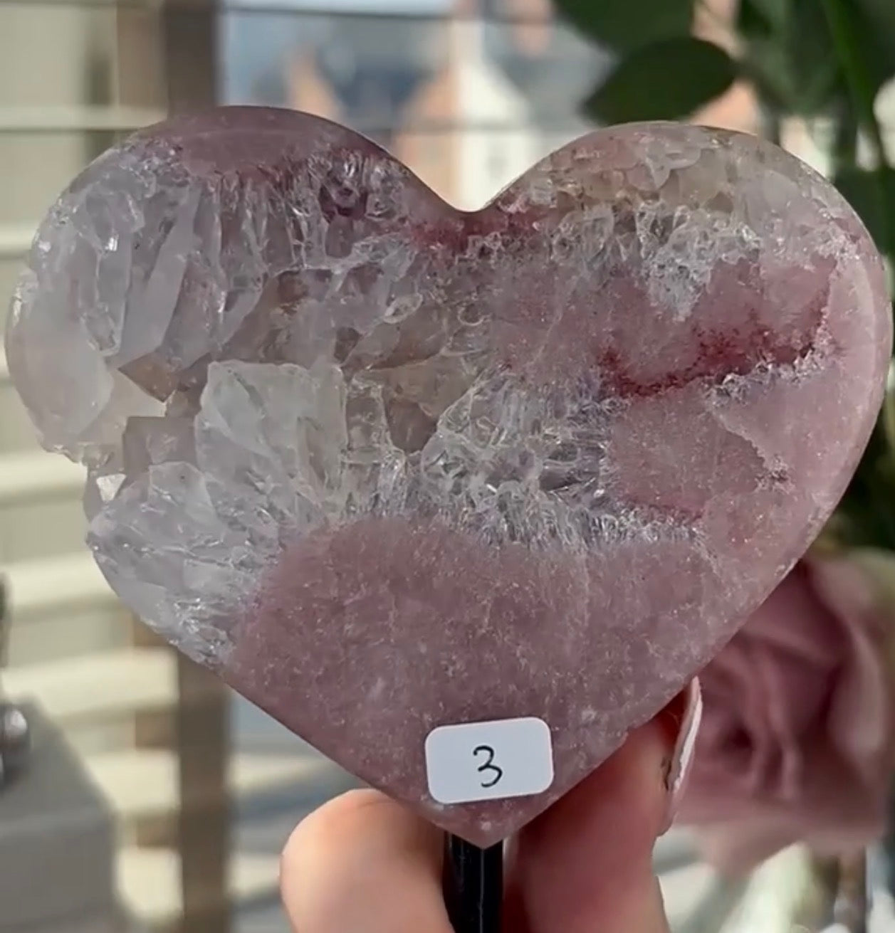 High quality pink amethyst heart with quartz - comes with stand