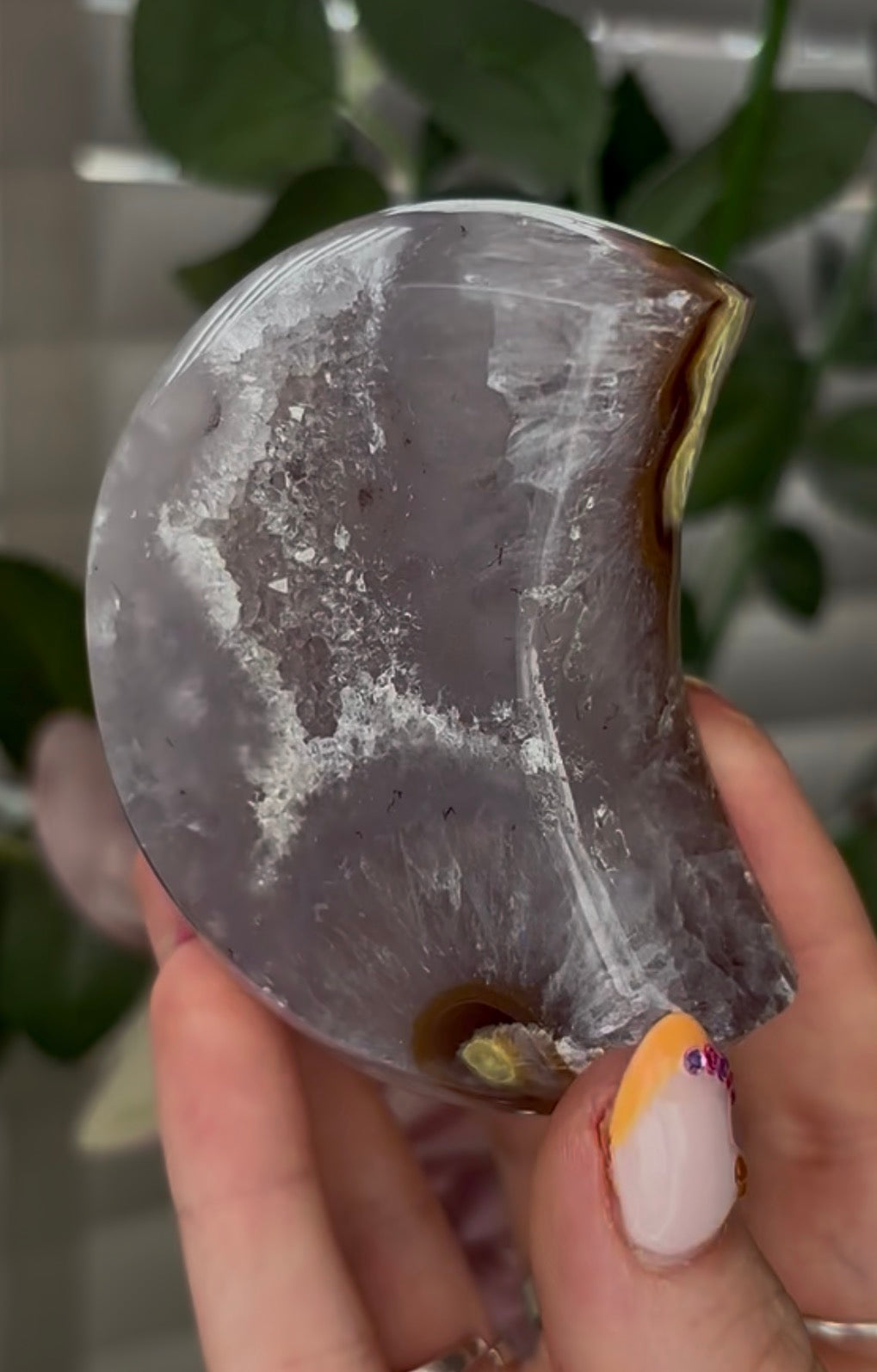 Beautiful, high grade, agate moon with druzy - comes with stand